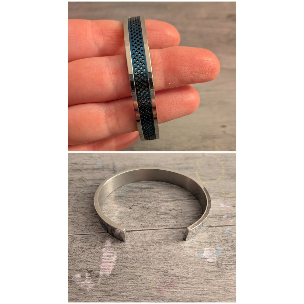 Blue Black Diamond Grid Stainless Steel Cuff Bracelet Silver Tone Minimalist